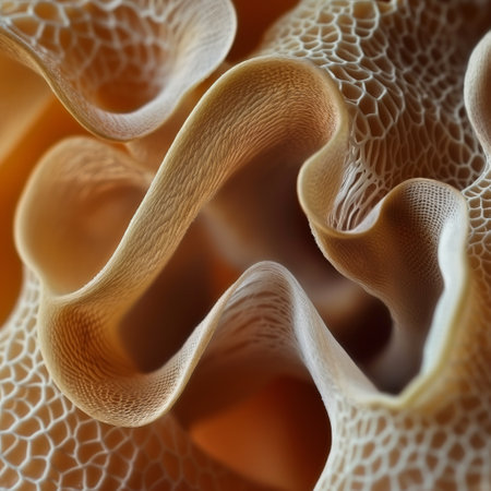 Warm-toned macro shot of abstract organic structures with a porous surface.の素材