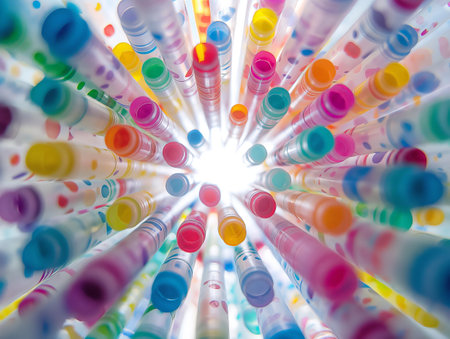 A vibrant, bottom-up perspective of multicolored tubes radiating from the center.の素材