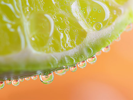 Close-up of a juicy lime slice with droplets reflecting orange background.の素材