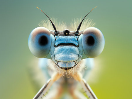 Macro shot of dragonfly showcasing intricate eye patterns and vibrant coloration.の素材