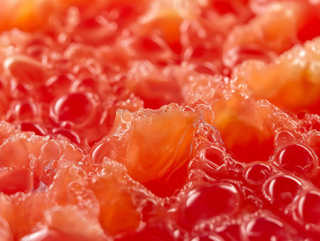 Macro shot highlighting the vibrant texture of tomato sauce, focusing on the glossy surface and rich color.の素材