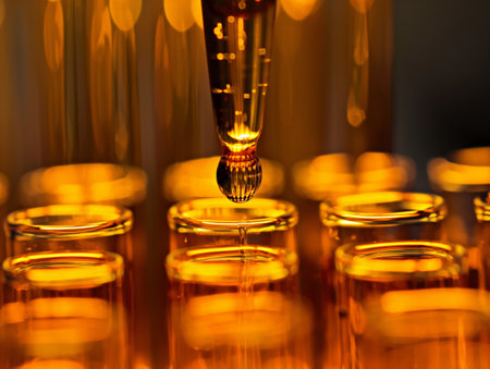 Close-up of a pipette dispensing a liquid into test tubes, with a focus on precision and scientific research.の素材