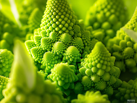 Close-up of Romanesco broccoli with natural fractal patterns and vivid green color.の素材