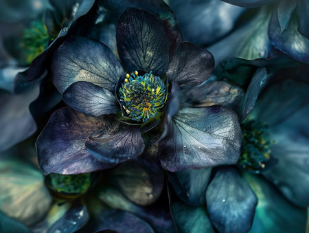 Close-up of dark moody flowers with ethereal lighting and dew drops.の素材