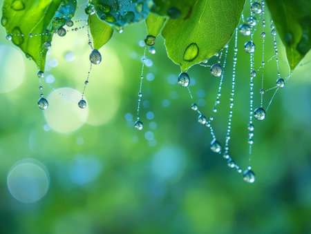 Delicate water droplets cling to spider silk against a vibrant green backdrop, emulating natures jewelry.の素材