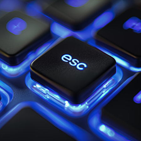 Close-up of an illuminated escape key on a modern keyboard with blue backlighting.の素材
