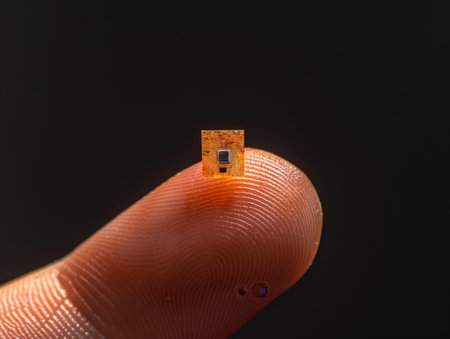 A small electronic microchip balanced on a human fingertip, symbolizing technological advancement and bioengineering.の素材
