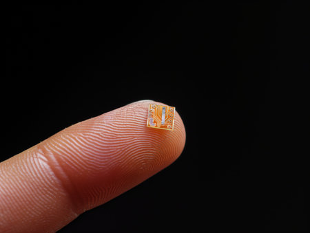 Close-up of a tiny microchip balanced on a human fingertip, showcasing intricate technology on a human scale.の素材