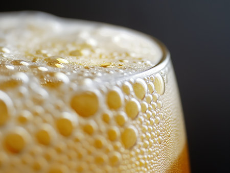 Detailed macro shot of beer bubbles and foam with a blurred background.の素材