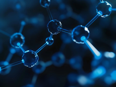 Close-up of a blue molecular model representing scientific concepts in nanotechnology and chemistry.の素材