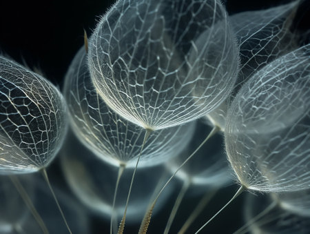 Macro view of delicate seed structures with intricate patterns set against dark background.の素材