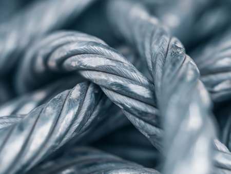 Macro shot of intertwined steel ropes, highlighting strength and reliability with a cool tone.の素材