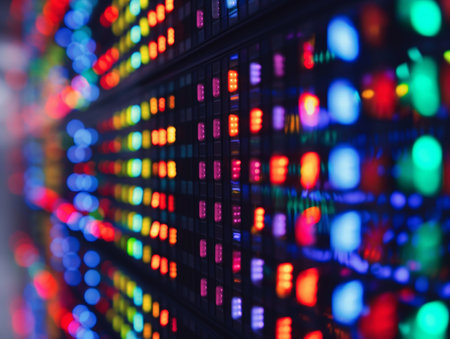 Close-up of a server rack with multicolored LED lights symbolizing network activity, data processing and technology.の素材