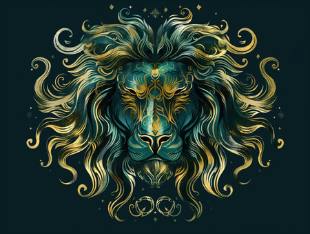 Elegant illustration of a stylized lion with golden mane and celestial motifs against a dark background.の素材