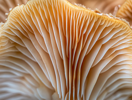Macro shot of the intricate texture and pattern of mushroom gills.の素材