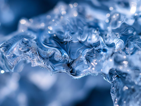 Close-up of a glistening and abstract water structure with intricate details and a cool blue tone.の素材