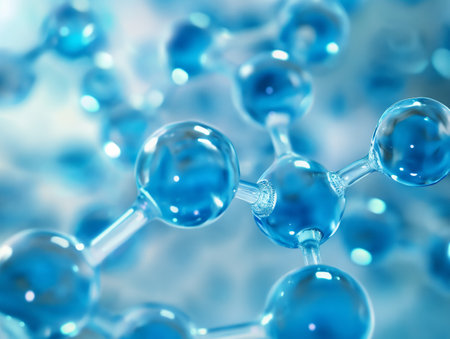 Detailed close-up of a blue molecular structure, highlighting connections and intricate details.の素材