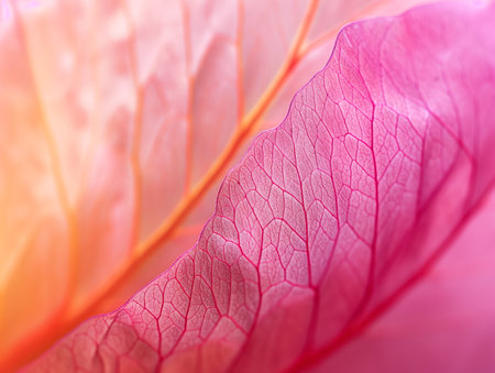 A close-up of pink and orange leaf veins displaying a delicate natural network.の素材