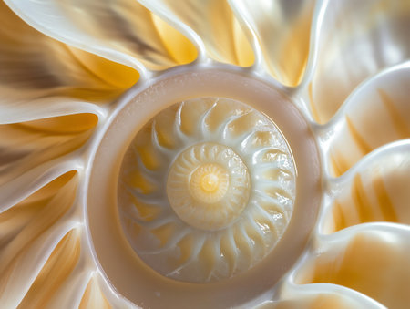 Close-up view of a nautilus shell displaying a natural spiral pattern and soft color gradients.の素材