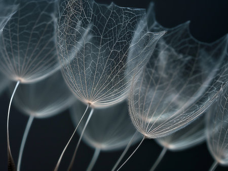 A delicate close-up of translucent dandelion seeds with intricate patterns, conveying fragility and grace.の素材