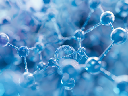 Close-up conceptual view of a molecular structure with interconnected spheres in varying shades of blue.の素材
