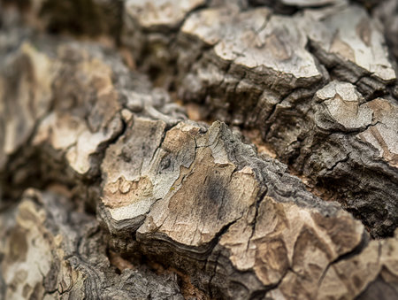 Close-up view of rough tree bark texture with intricate patterns and details.の素材