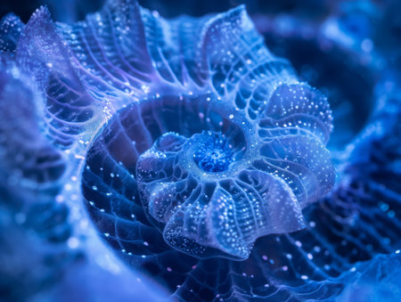 A close-up of a glowing coral, exhibiting natural bioluminescence in a dark marine environment.の素材