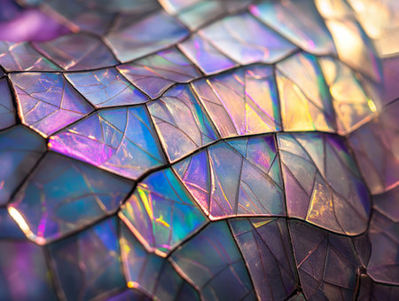 A close-up of a surface with iridescent patterns reflecting colorful light, creating a mosaic of vibrant hues.の素材