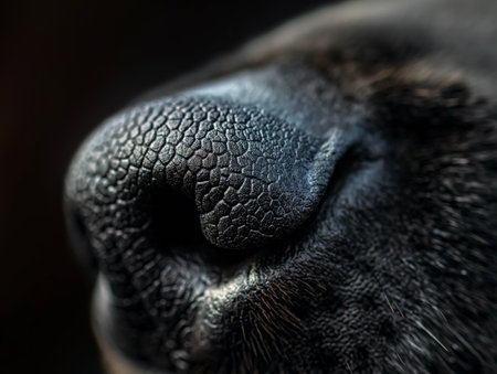 Macro shot capturing the unique texture and details of a dogs nose, highlighting sensory perception.の素材