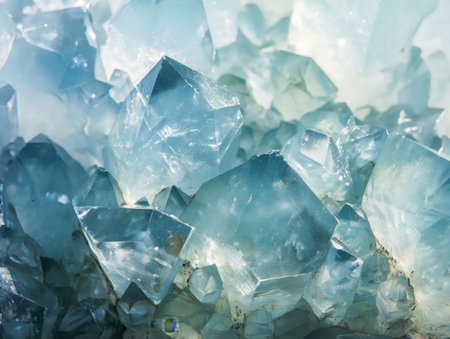 Macro view of blue translucent crystals with intricate natural facets and mystical appearance.の素材