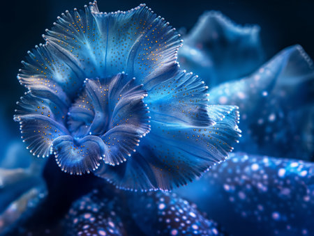 A detailed close-up of a vibrant blue sea anemone with delicate, dotted tentacles.の素材