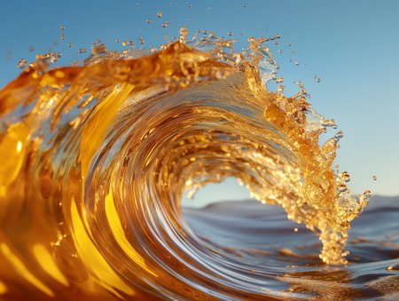 A stunning golden wave curls against a sunset sky, symbolizing energy and natures beauty.の素材