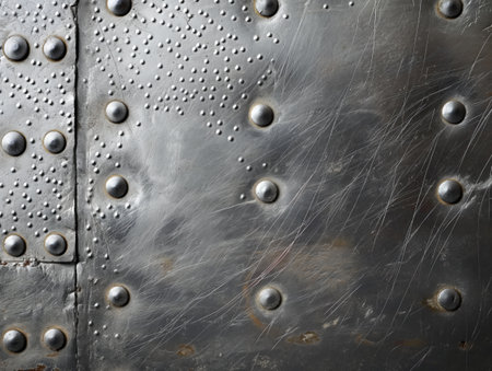 Close-up of textured metallic surface with riveted seams and scratch marks.の素材