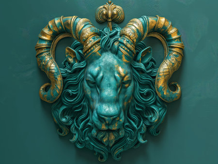 A detailed sculpture of a lions head with ornate, curling horns against a dark background.の素材