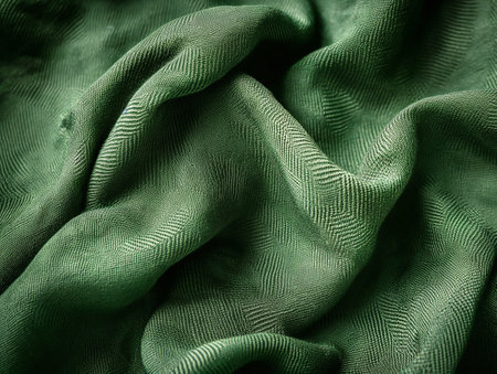 Close-up of luxurious emerald green fabric with a detailed textured pattern.の素材