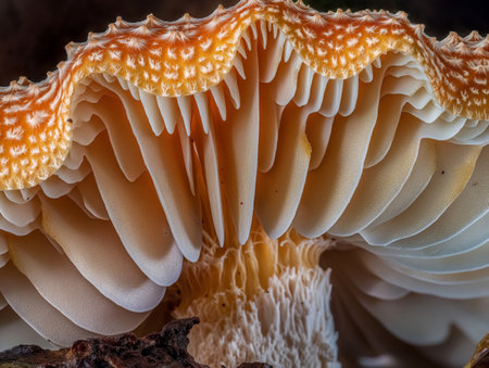 Close-up view of a mushrooms delicate gills, displaying intricate natural patterns and textures.の素材