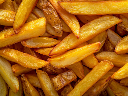 A close-up view highlighting the texture and color of freshly cooked french fries.の素材