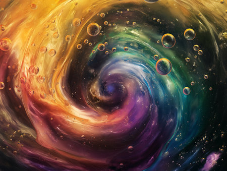Abstract cosmic swirl with vibrant colors and floating bubbles.の素材