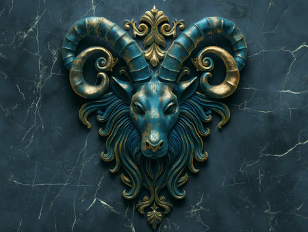 A decorative blue ram head with golden horns on a cracked marble background, symbolizing strength and elegance.の素材