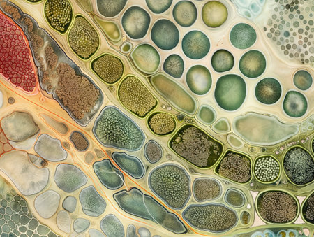 Close-up of colorful, abstract shapes resembling biological cells or natural textures.の素材