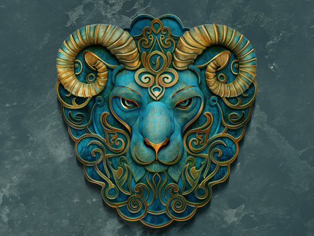 An intricate artwork of the Aries zodiac sign with a stylized rams head on a textured background.の素材