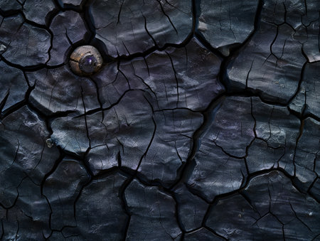 Close-up of a charred wooden surface with cracks and one intact knot, symbolizing resilience amidst destruction.の素材