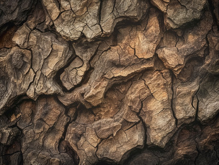 A detailed view of the rugged and cracked surface of tree bark.の素材