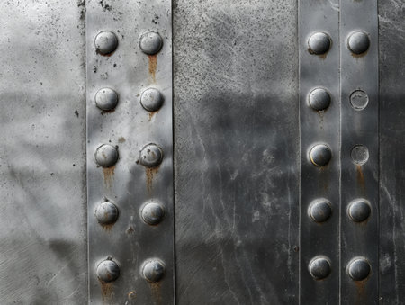Close-up of a grungy metal surface with rusted rivets, depicting age and durability.の素材