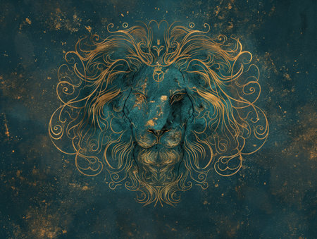 An intricate illustration of a lion with ornate golden mane details set against a dark textured backdrop.の素材