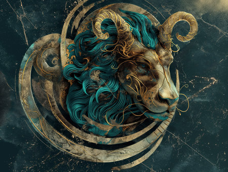An intricate artistic representation of the Aries zodiac sign with golden accents on a dark textured background.の素材