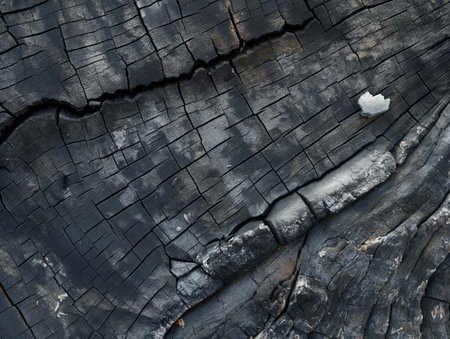 Detailed close-up of burnt wood surface with deep cracks and charred patterns.の素材