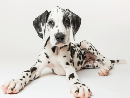Cute Dalmatian puppy lying down with a curious look, isolated on white background.の素材