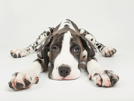 Great Dane puppy lying on the ground with a playful and curious look straight at the camera.の素材