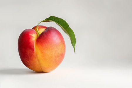 A vibrant nectarine with a fresh green leaf isolated on a white background, symbolizing freshness and natural healthy eatingの素材